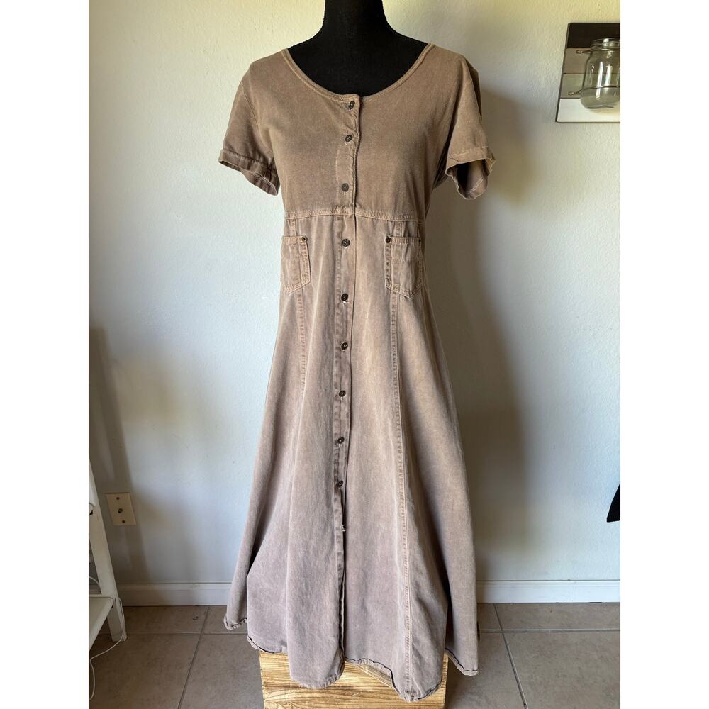 VTG 90s Cotton Canvas Button Up Maxi StonewshTaupe Empire 6Panel Flare Utility